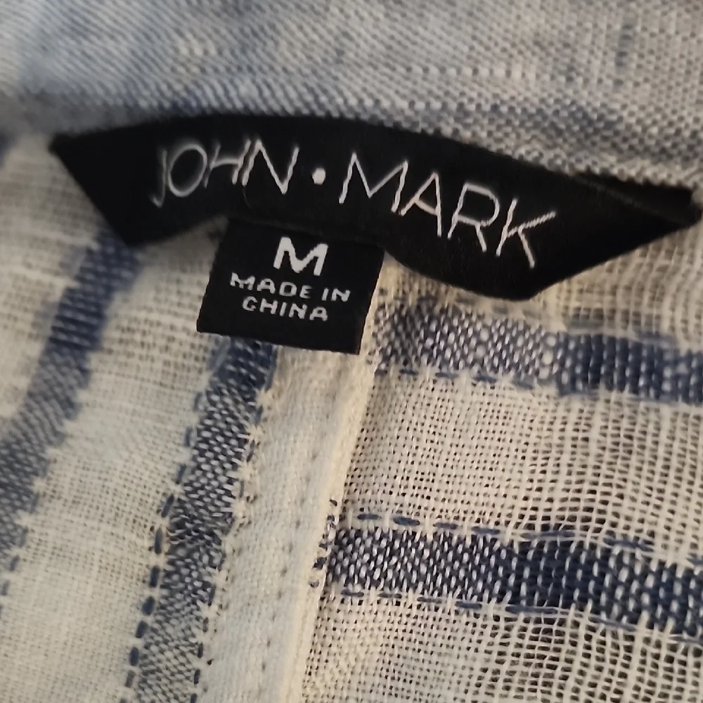 John Mark Navy White Plaid Button Up Shirt Linen Medium - Picture 2 of 5